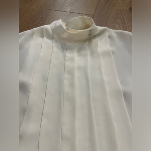 Style Rite Vintage Press Crease Straight Blouse Off-White Flowy Sleeves Collar - Picture 5 of 6